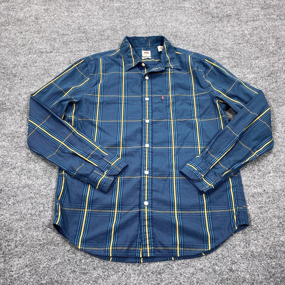 Levi's Shirt‎ Mens Medium Blue Plaid Long Sleeve Button Up Cotton Casual Regular